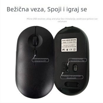 Bežična miša s 2.4G + Bluetooth povezanjem, 1600dpi, 4 tipke, punjiva, ergonomska