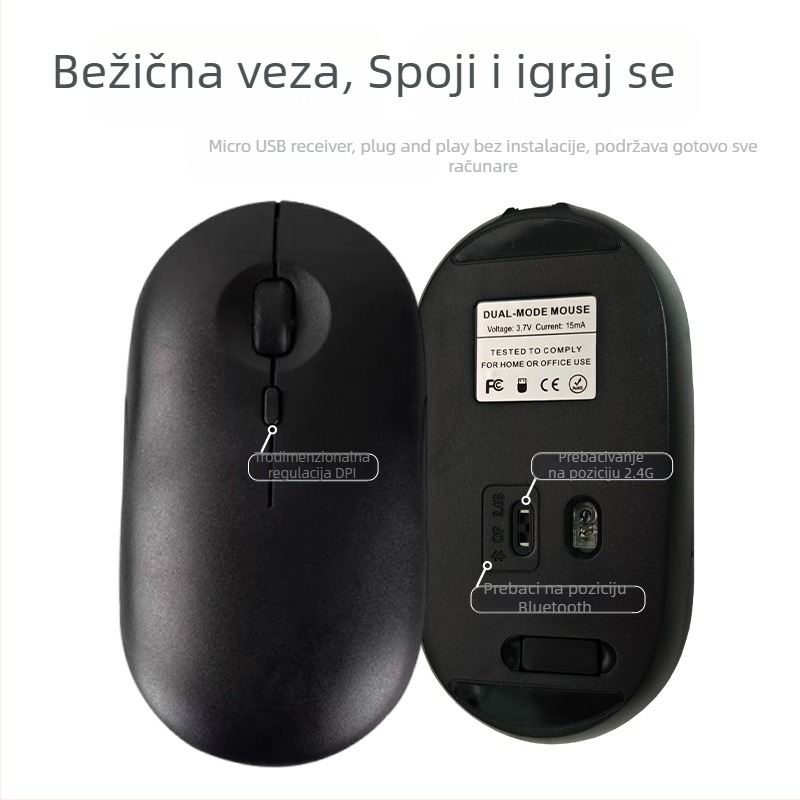 Bežična miša s 2.4G + Bluetooth povezanjem, 1600dpi, 4 tipke, punjiva, ergonomska
