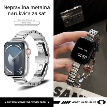 Metalni kaiš za sat kompatibilan s Apple iWatch S10, Huawei 11 Pro, Xiaomi 89 Pro, Redmi 6 – duljina 16 cm, širina 14 mm, leptir kopča, nepravilnog dizajna