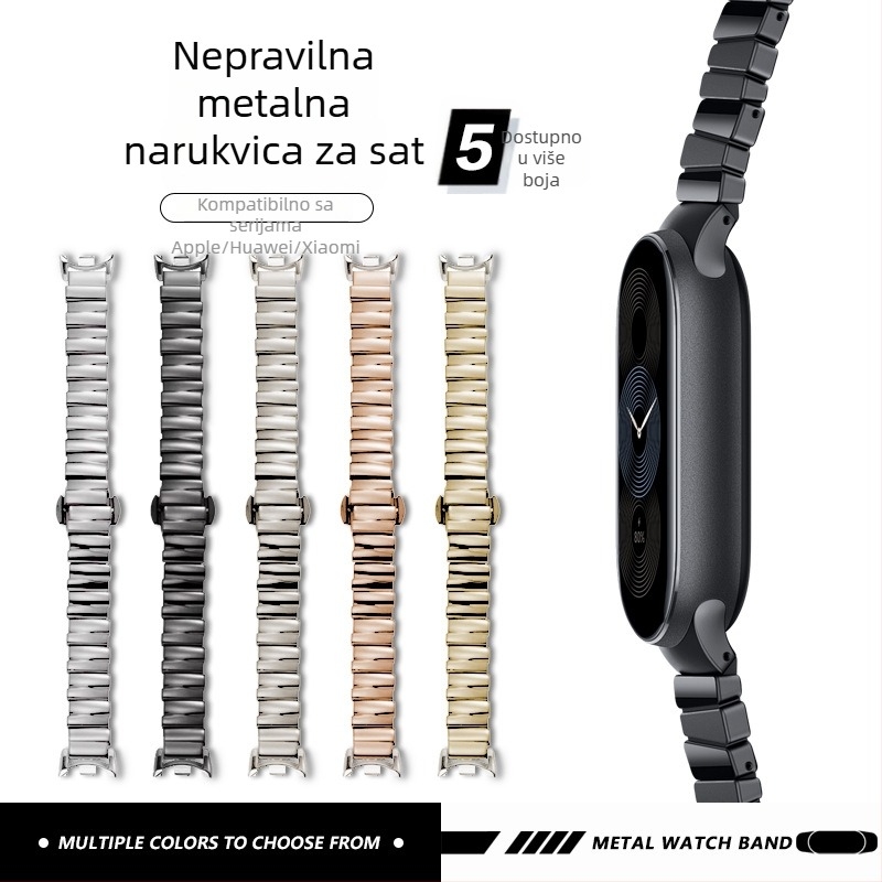 Metalni kaiš za sat kompatibilan s Apple iWatch S10, Huawei 11 Pro, Xiaomi 89 Pro, Redmi 6 – duljina 16 cm, širina 14 mm, leptir kopča, nepravilnog dizajna