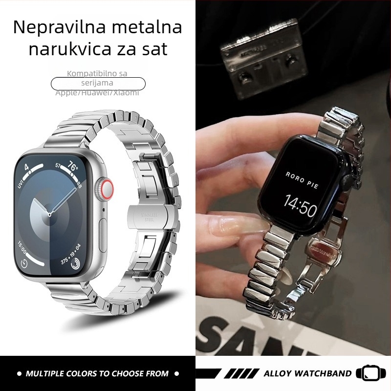 Metalni kaiš za sat kompatibilan s Apple iWatch S10, Huawei 11 Pro, Xiaomi 89 Pro, Redmi 6 – duljina 16 cm, širina 14 mm, leptir kopča, nepravilnog dizajna