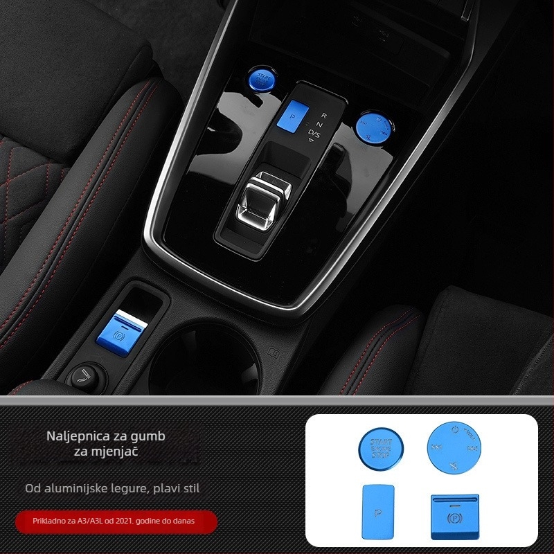Cocano aluminijska legura dekorativne kapice za gumbe otvaranja vrata, mjenjač, središnja konzola i gumb ručne kočnice za Audi A3L 2021–2023 (mogućnost prilagodbe)