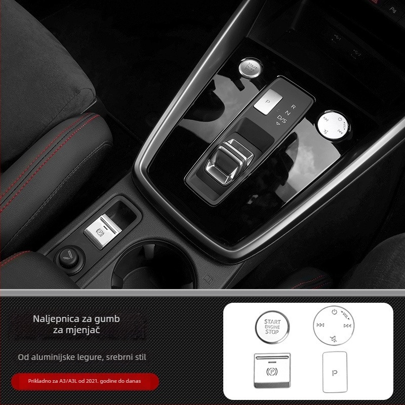 Cocano aluminijska legura dekorativne kapice za gumbe otvaranja vrata, mjenjač, središnja konzola i gumb ručne kočnice za Audi A3L 2021–2023 (mogućnost prilagodbe)