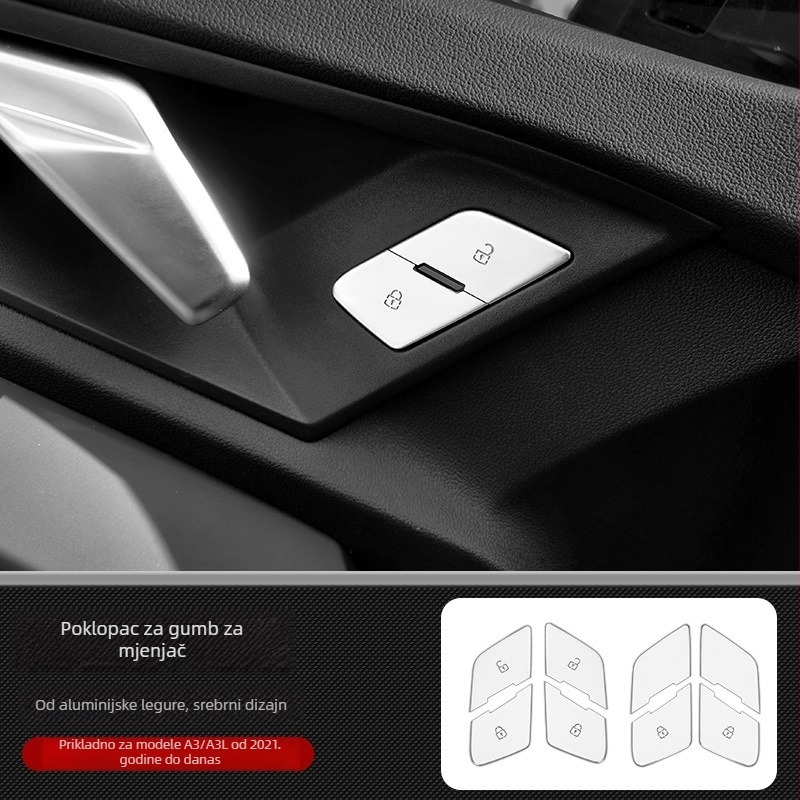 Cocano aluminijska legura dekorativne kapice za gumbe otvaranja vrata, mjenjač, središnja konzola i gumb ručne kočnice za Audi A3L 2021–2023 (mogućnost prilagodbe)
