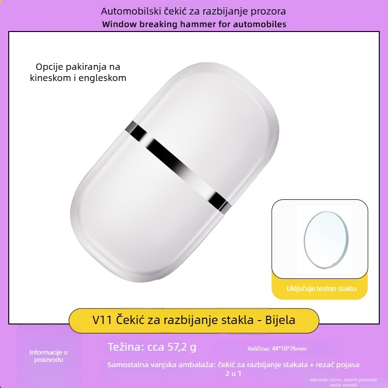Mini prenosni automobilni sigurnosni čekić s rezacem za prozore, dvostruka funkcija, metalni, prilagodljiv, težina 116 g