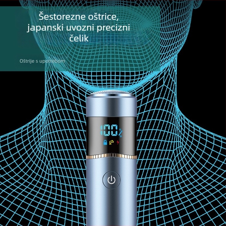 Električno britje s rotirajućom glavom, vodootporno, ugrađena baterija 1200–2000mAh, trajanje rada 60 minuta i više, punjenje 1 sat, kućište od aluminijske legure