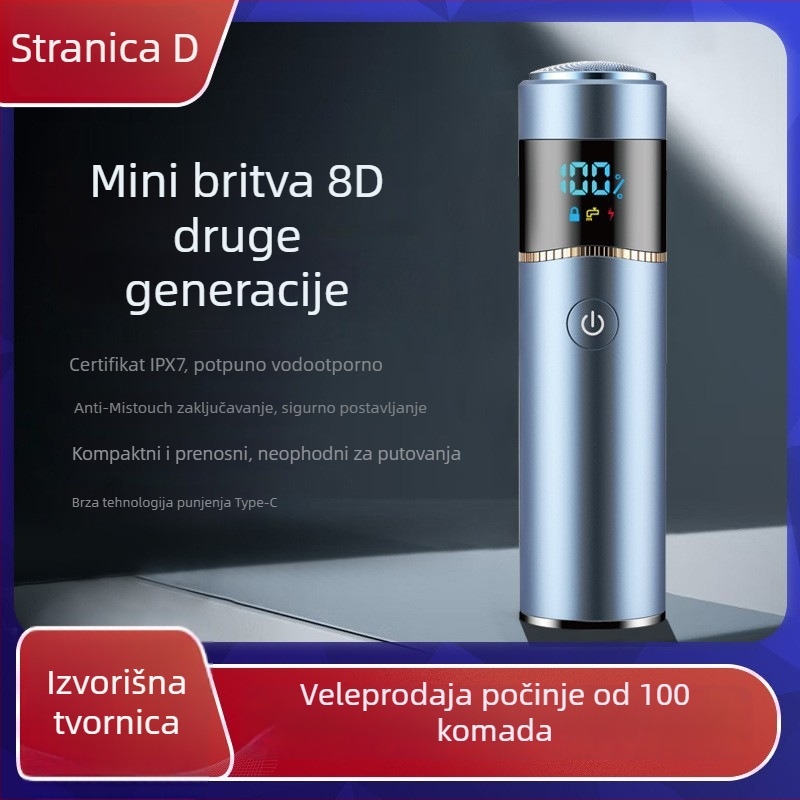Električno britje s rotirajućom glavom, vodootporno, ugrađena baterija 1200–2000mAh, trajanje rada 60 minuta i više, punjenje 1 sat, kućište od aluminijske legure