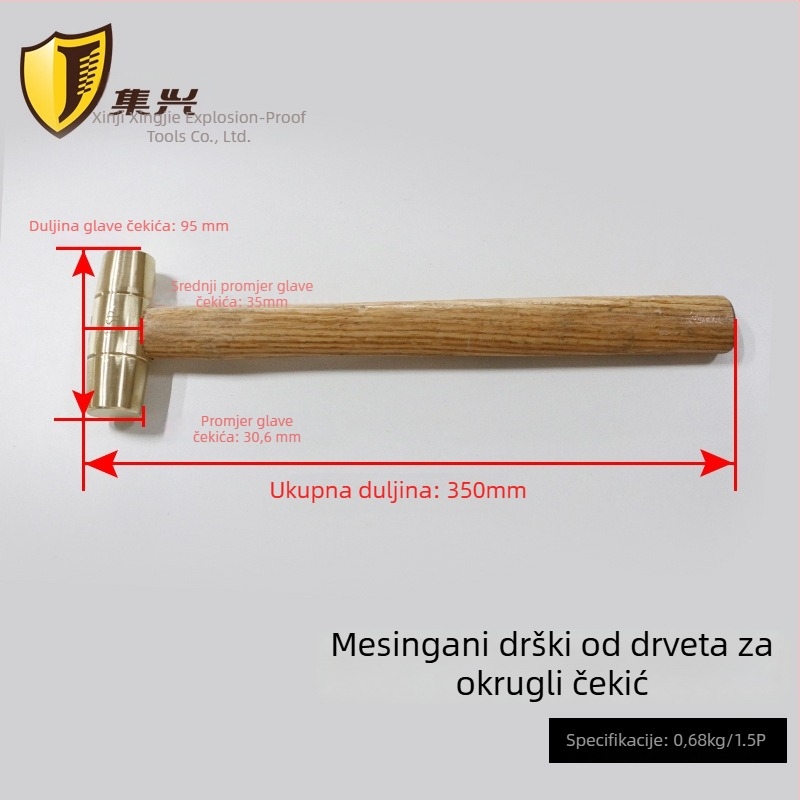 Mjedeni čekić s drvenom drškom i okruglom glavom, eksplozijski otporan, bez iskri