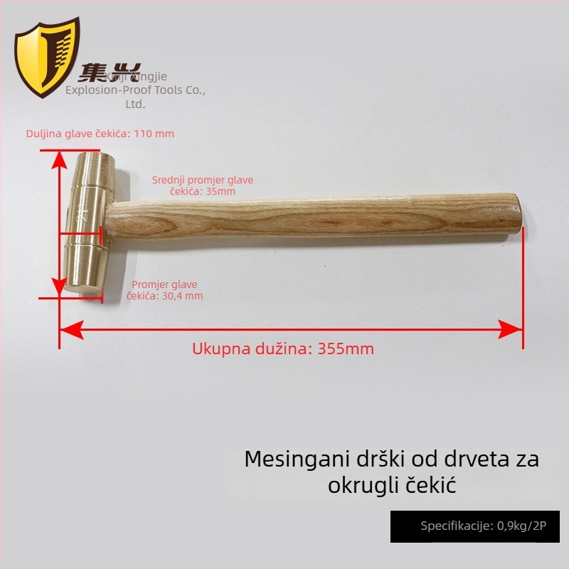 Mjedeni čekić s drvenom drškom i okruglom glavom, eksplozijski otporan, bez iskri