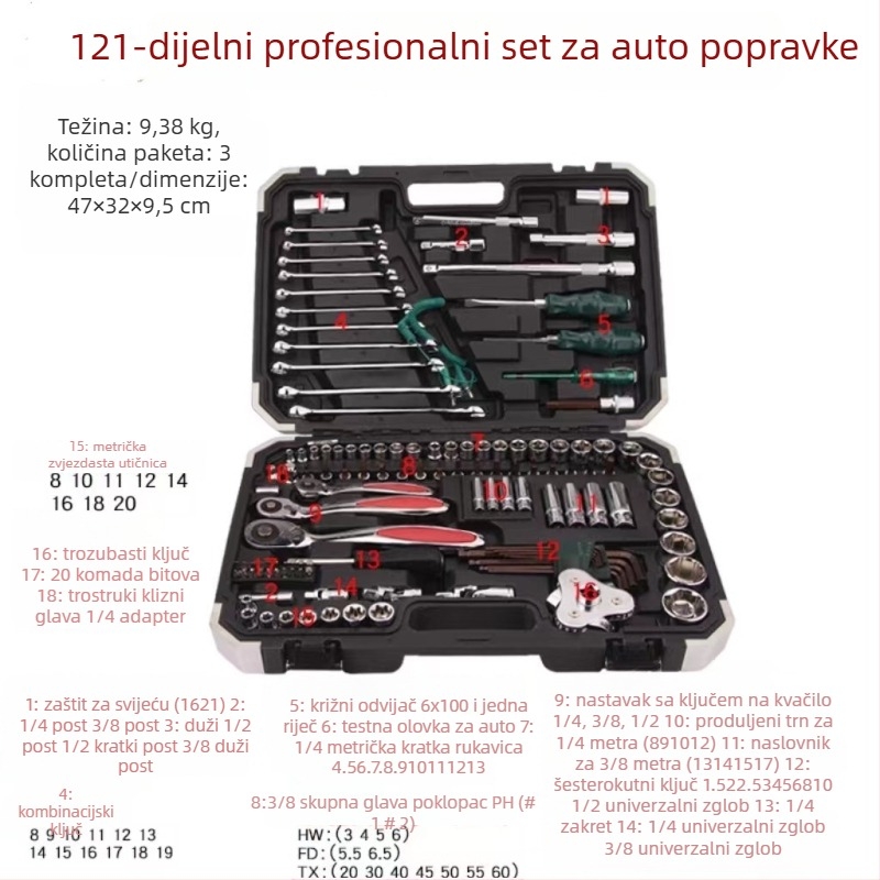 Yuda set alata za popravak automobila, krom-molibden čelik, za mehaničko održavanje, popravak automobila i kućnu upotrebu, popravak strojeva