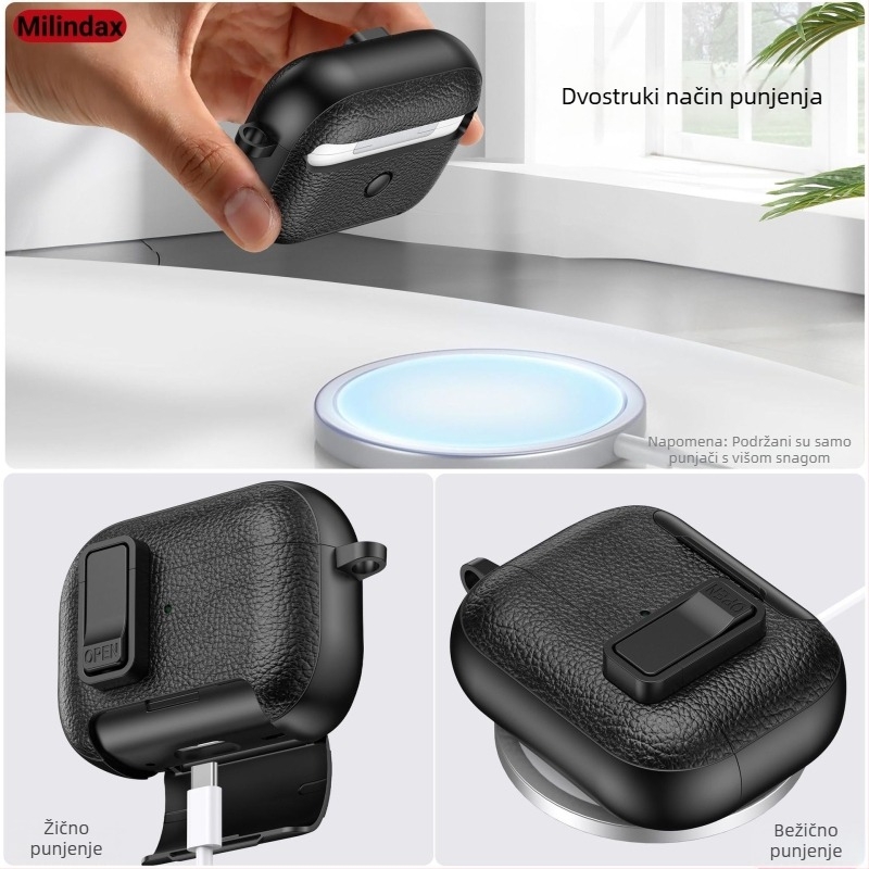 Zaštitna futrola za AirPods Pro 2 i AirPods 4 sa kožnom teksturom, kućište od polikarbonata, otporna na padove, gravirani dizajn