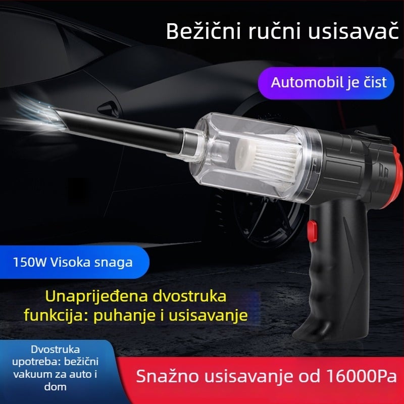 Mini usisivač za automobil, bežičan, punjiv, dvostruka upotreba za dom i auto; usisavanje 16000Pa; napon 8.4V; snaga 150W