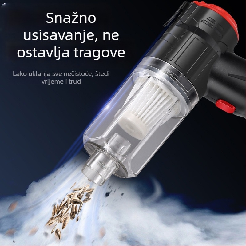 Mini usisivač za automobil, bežičan, punjiv, dvostruka upotreba za dom i auto; usisavanje 16000Pa; napon 8.4V; snaga 150W