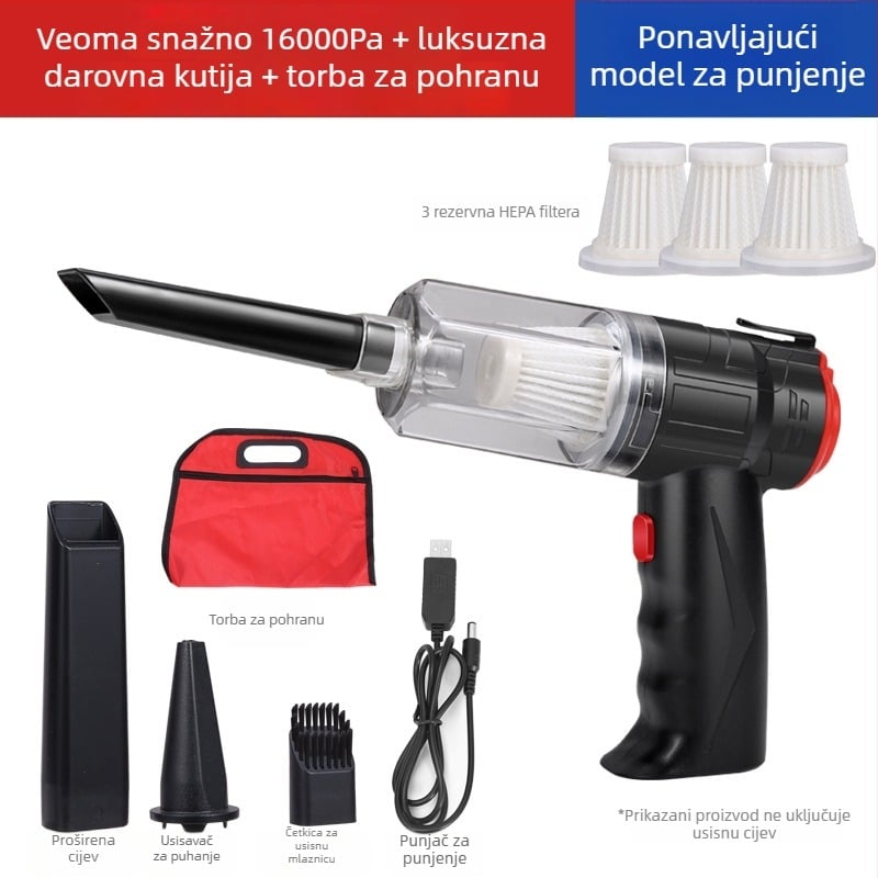 Mini usisivač za automobil, bežičan, punjiv, dvostruka upotreba za dom i auto; usisavanje 16000Pa; napon 8.4V; snaga 150W