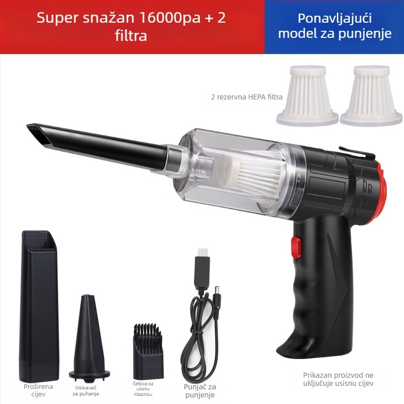Mini usisivač za automobil, bežičan, punjiv, dvostruka upotreba za dom i auto; usisavanje 16000Pa; napon 8.4V; snaga 150W