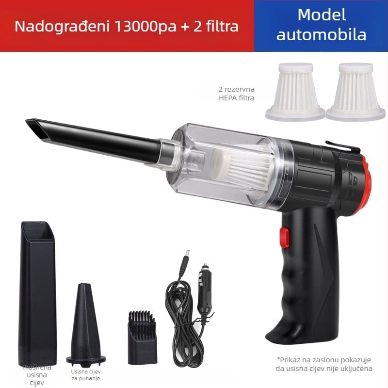 Mini usisivač za automobil, bežičan, punjiv, dvostruka upotreba za dom i auto; usisavanje 16000Pa; napon 8.4V; snaga 150W
