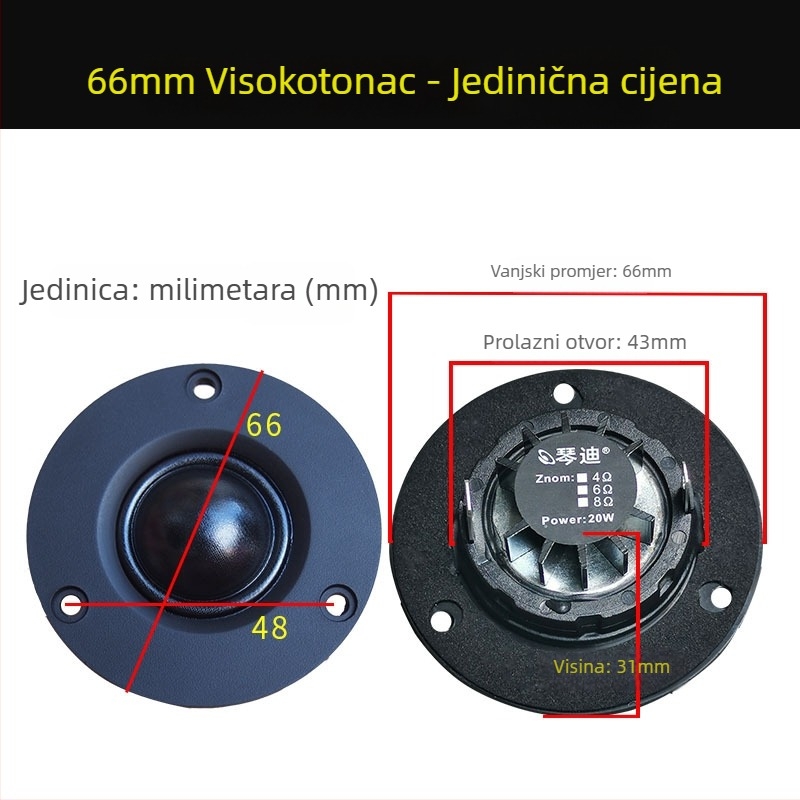 Tweeter s dijafragmom od svile, dvostruki magnetski sklop, visoka osjetljivost – za glazbene instrumente