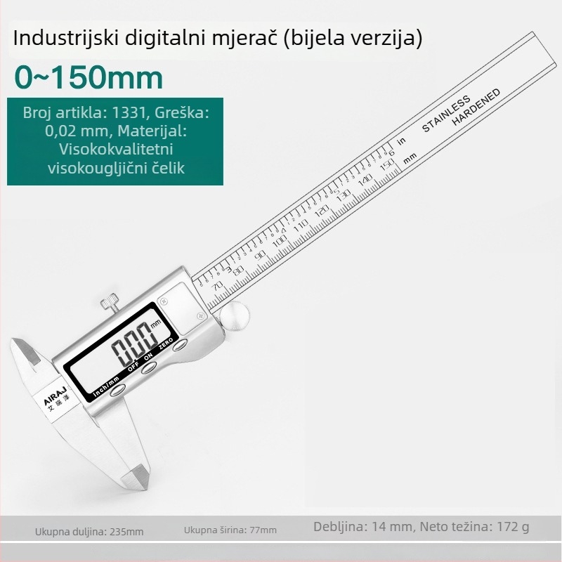 Erize digitalni kaliper, industrijske klase od nehrđajućeg čelika, visoka preciznost, elektronički kaliper