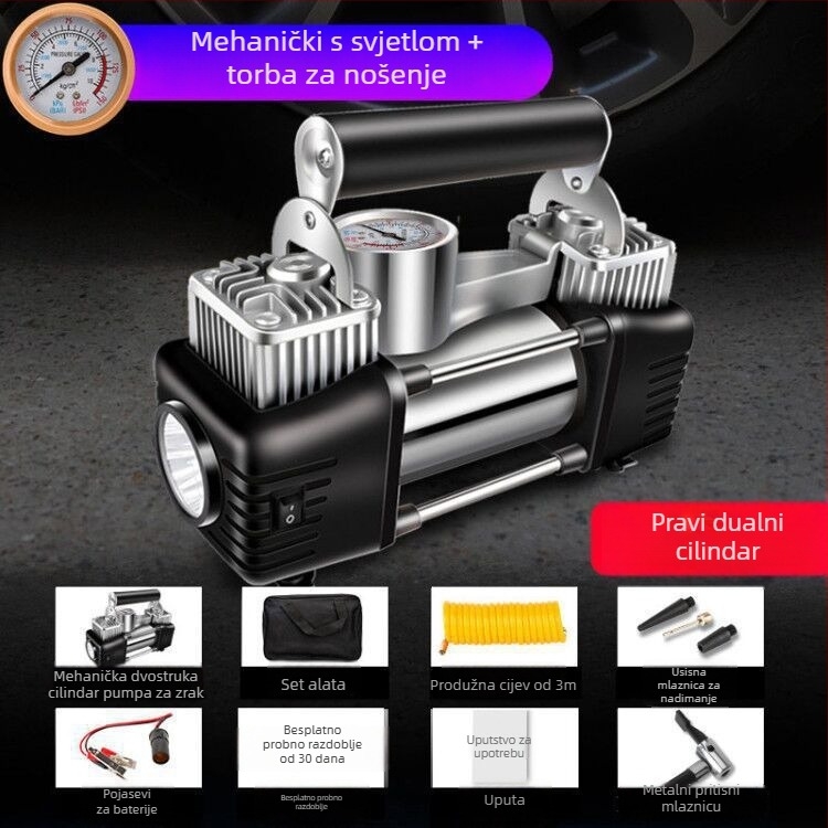 Automobilska pumpa za zrak, dvostruki cilindar, 12V/24V, 120W, crijevo za napuhivanje 5 m, mjerač tlaka u gumama