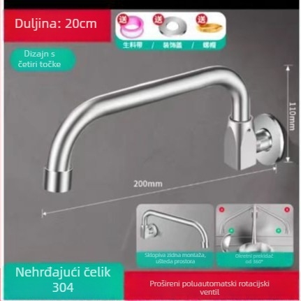 Ugradni zidni kuhinjski slavine od nehrđajućeg čelika, samo hladna voda, poluautomatna ljuljačka