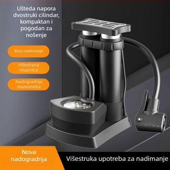 Nožna pumpa za bicikle, automobile i motocikle – univerzalna, kompaktna, jednodijelna konstrukcija, protok zraka 30 L/min, snaga ispod 80 W, svjetlo upozorenja, kontinuirani rad 5–20 minuta