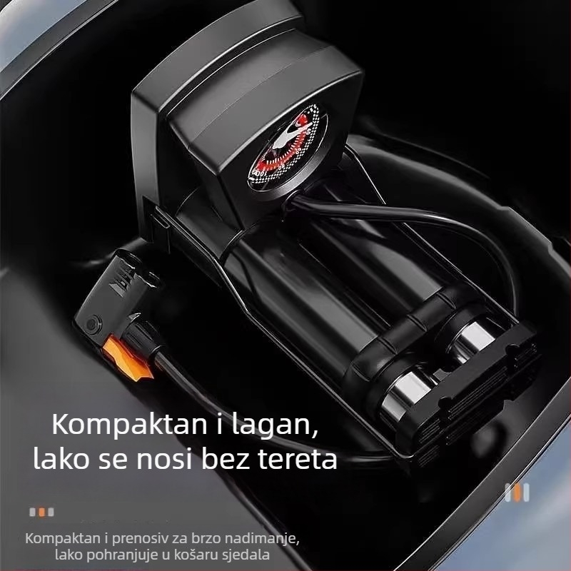 Nožna pumpa za bicikle, automobile i motocikle – univerzalna, kompaktna, jednodijelna konstrukcija, protok zraka 30 L/min, snaga ispod 80 W, svjetlo upozorenja, kontinuirani rad 5–20 minuta