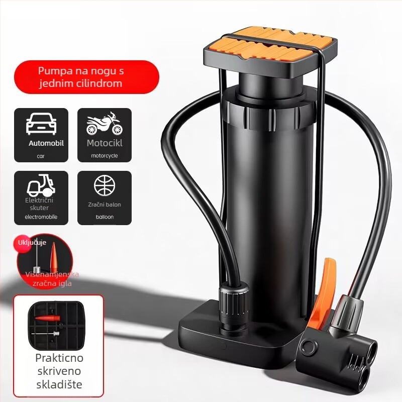 Nožna pumpa za bicikle, automobile i motocikle – univerzalna, kompaktna, jednodijelna konstrukcija, protok zraka 30 L/min, snaga ispod 80 W, svjetlo upozorenja, kontinuirani rad 5–20 minuta