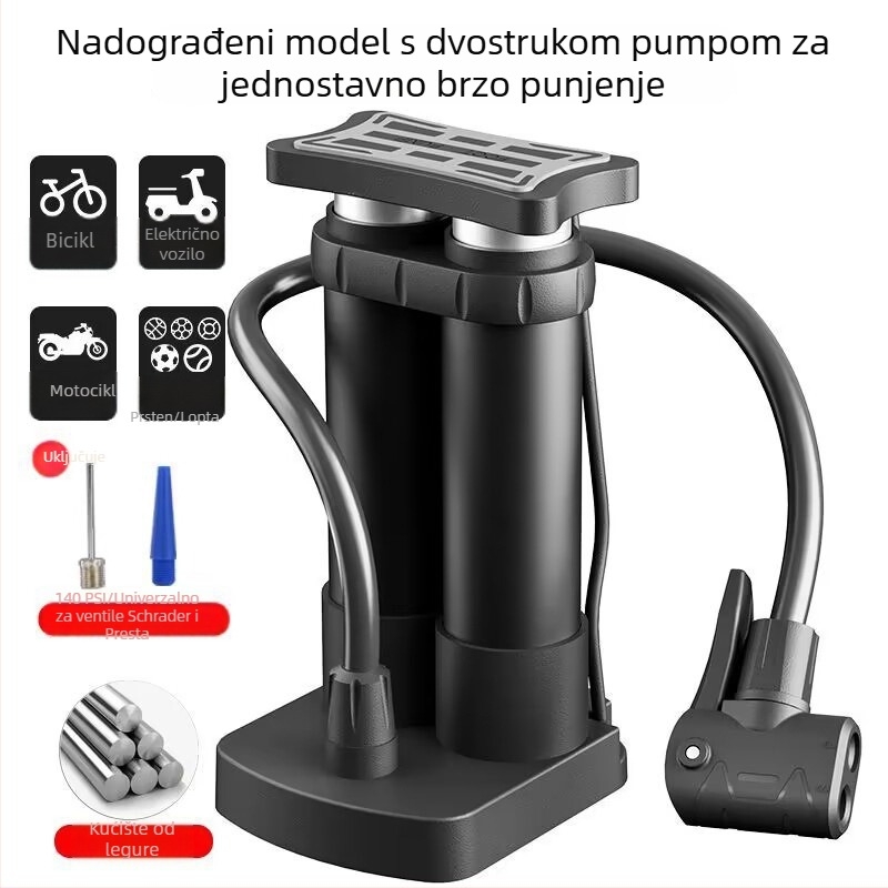 Nožna pumpa za bicikle, automobile i motocikle – univerzalna, kompaktna, jednodijelna konstrukcija, protok zraka 30 L/min, snaga ispod 80 W, svjetlo upozorenja, kontinuirani rad 5–20 minuta