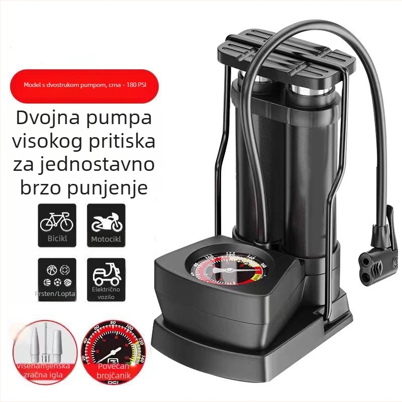 Nožna pumpa za bicikle, automobile i motocikle – univerzalna, kompaktna, jednodijelna konstrukcija, protok zraka 30 L/min, snaga ispod 80 W, svjetlo upozorenja, kontinuirani rad 5–20 minuta
