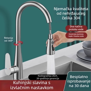 Izvlačni kuhinjski faucet, nehrđajući čelik, topla i hladna voda, brušeni završni sloj, keramički disk ventil