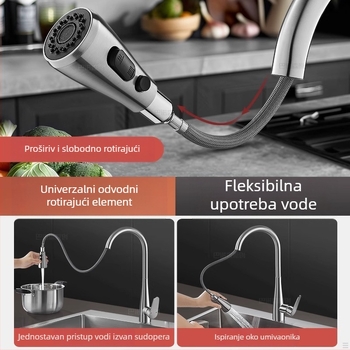 Izvlačni kuhinjski faucet, nehrđajući čelik, topla i hladna voda, brušeni završni sloj, keramički disk ventil