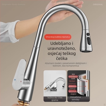 Izvlačni kuhinjski faucet, nehrđajući čelik, topla i hladna voda, brušeni završni sloj, keramički disk ventil