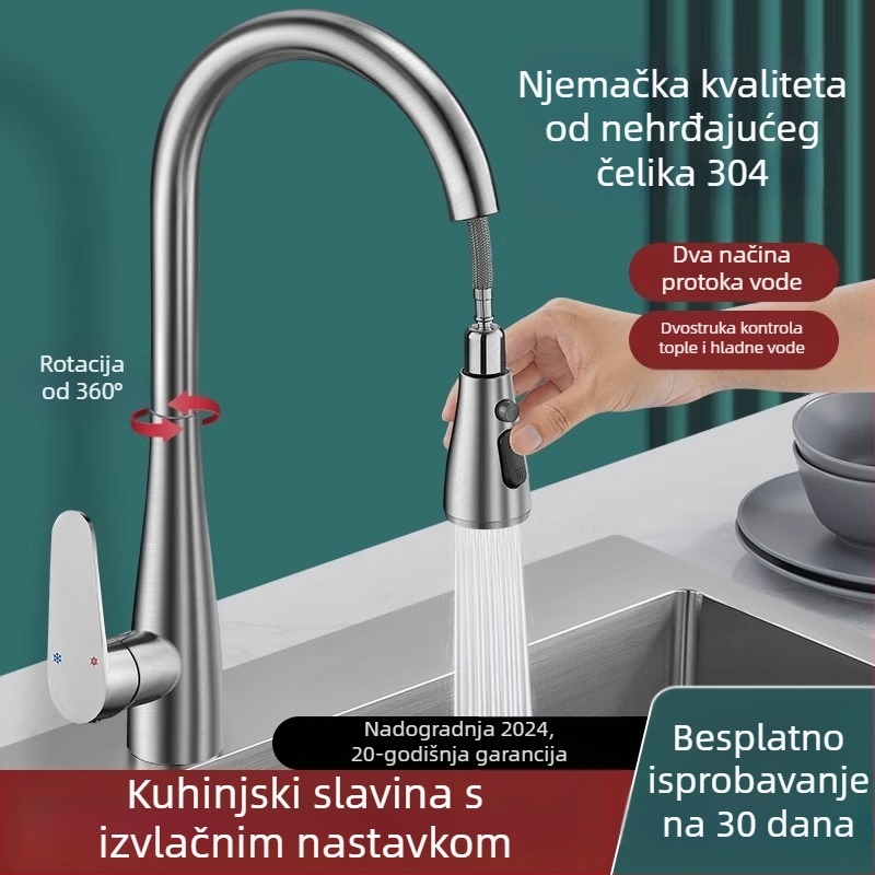 Izvlačni kuhinjski faucet, nehrđajući čelik, topla i hladna voda, brušeni završni sloj, keramički disk ventil