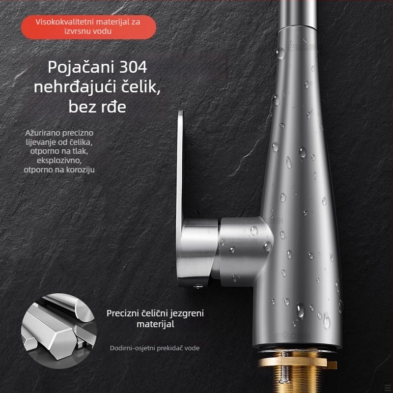Izvlačni kuhinjski faucet, nehrđajući čelik, topla i hladna voda, brušeni završni sloj, keramički disk ventil