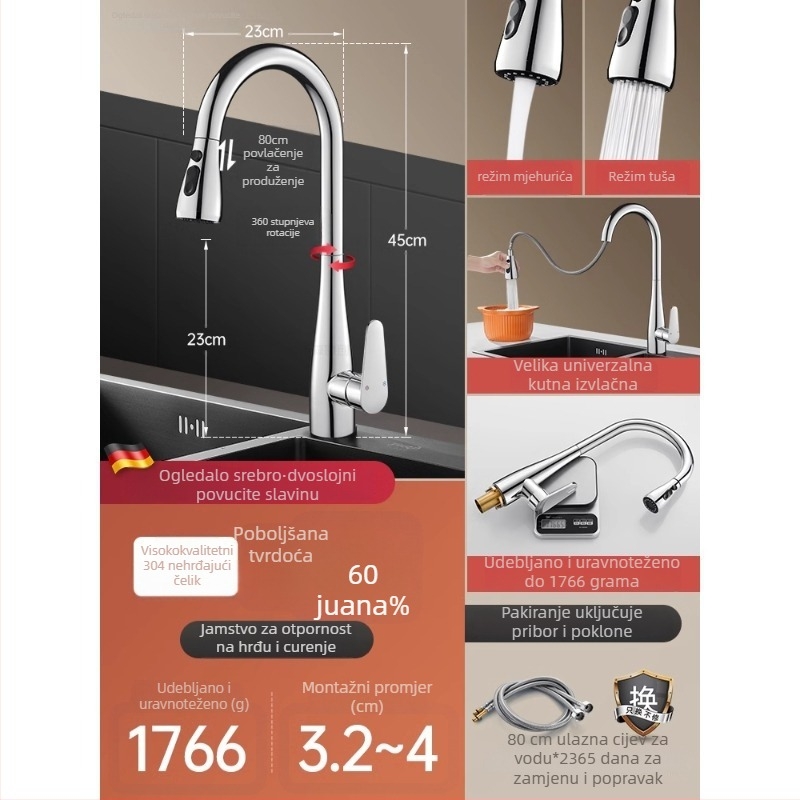 Izvlačni kuhinjski faucet, nehrđajući čelik, topla i hladna voda, brušeni završni sloj, keramički disk ventil