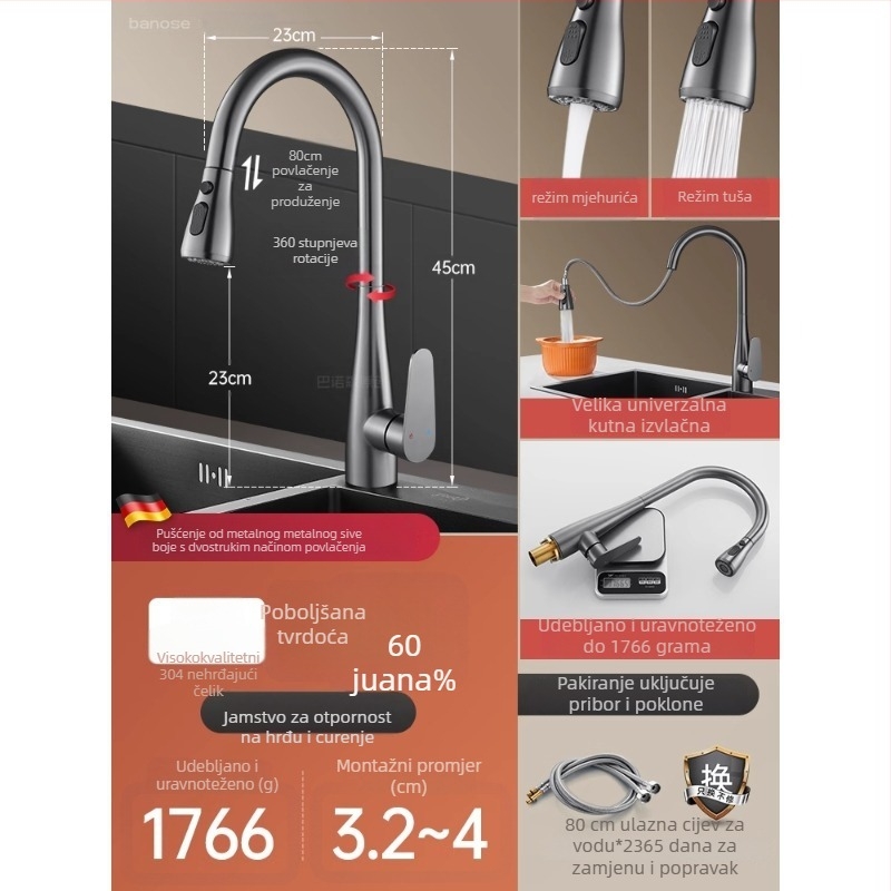 Izvlačni kuhinjski faucet, nehrđajući čelik, topla i hladna voda, brušeni završni sloj, keramički disk ventil