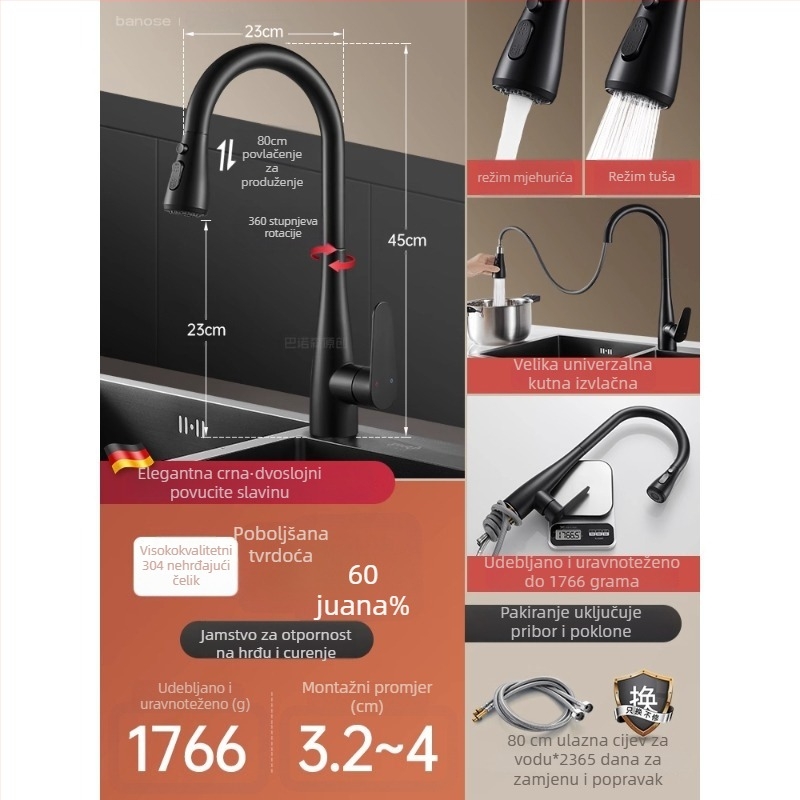 Izvlačni kuhinjski faucet, nehrđajući čelik, topla i hladna voda, brušeni završni sloj, keramički disk ventil