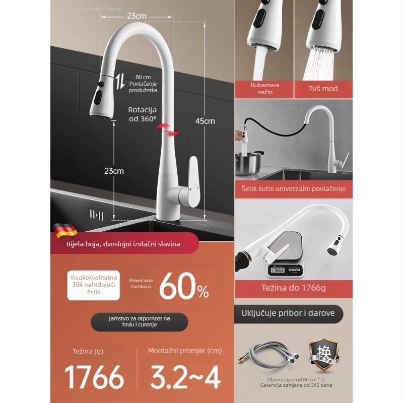 Izvlačni kuhinjski faucet, nehrđajući čelik, topla i hladna voda, brušeni završni sloj, keramički disk ventil