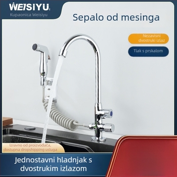 Kuhinjska slavina s dvostrukim izlazom, bakreno tijelo, bakreno jezgro ventila, nominalni tlak 0,8–1 MPa, radna temperatura 0–80°C, model WSY-900158