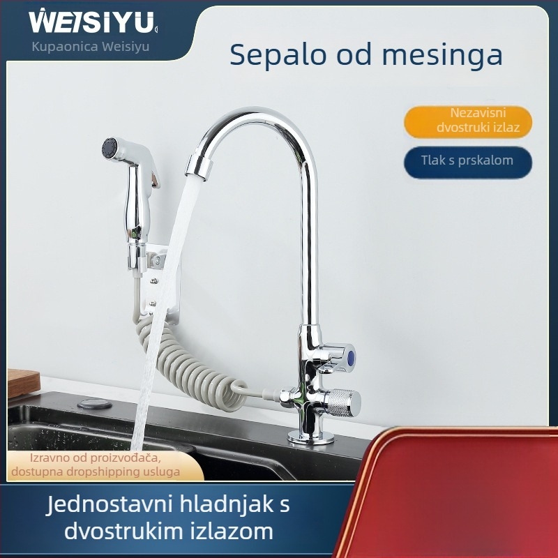 Kuhinjska slavina s dvostrukim izlazom, bakreno tijelo, bakreno jezgro ventila, nominalni tlak 0,8–1 MPa, radna temperatura 0–80°C, model WSY-900158