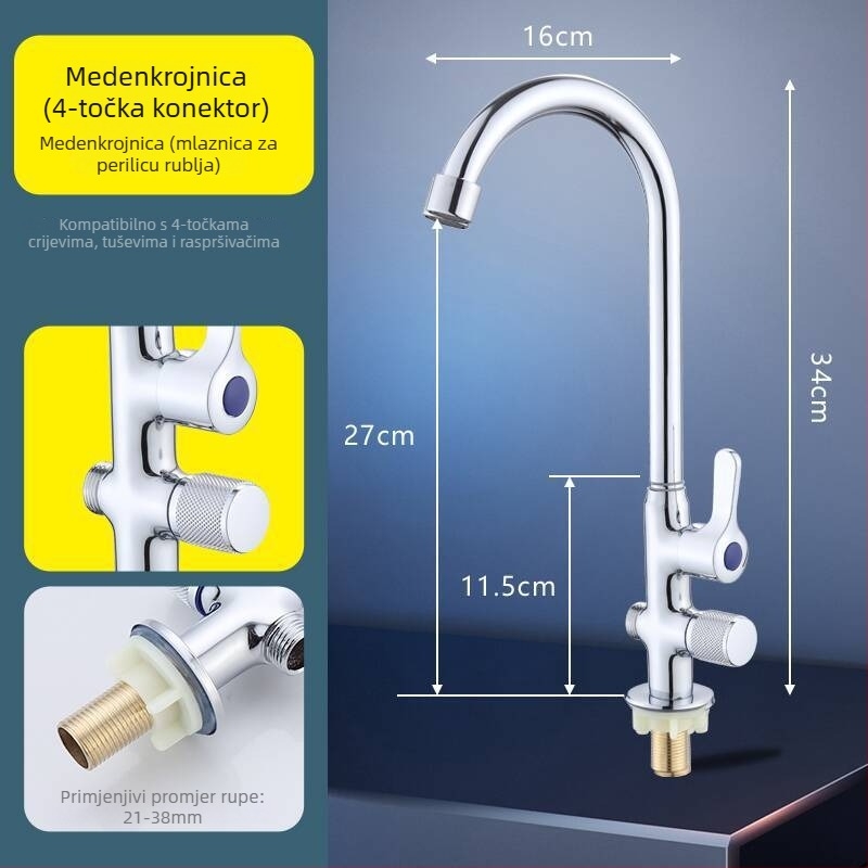 Kuhinjska slavina s dvostrukim izlazom, bakreno tijelo, bakreno jezgro ventila, nominalni tlak 0,8–1 MPa, radna temperatura 0–80°C, model WSY-900158