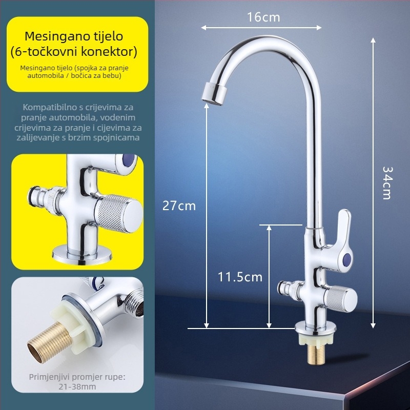 Kuhinjska slavina s dvostrukim izlazom, bakreno tijelo, bakreno jezgro ventila, nominalni tlak 0,8–1 MPa, radna temperatura 0–80°C, model WSY-900158