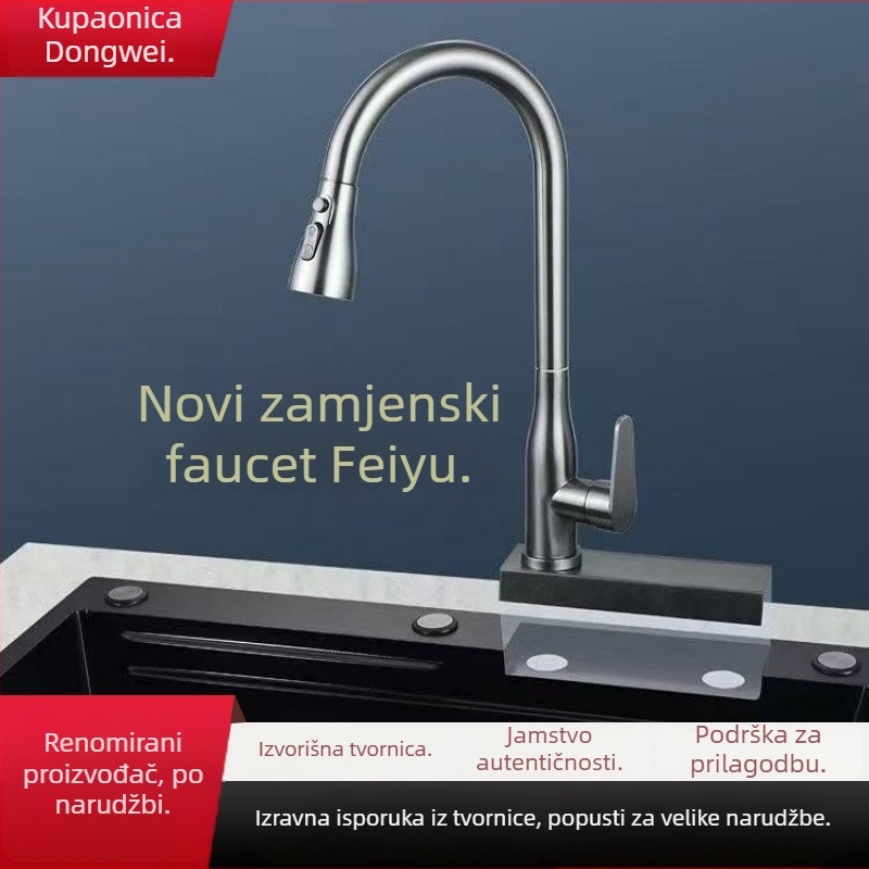 Izvlačna kuhinjska slavina za sudoper, nehrđajući čelik, model 5564, keramički disk ventil, vruća i hladna voda