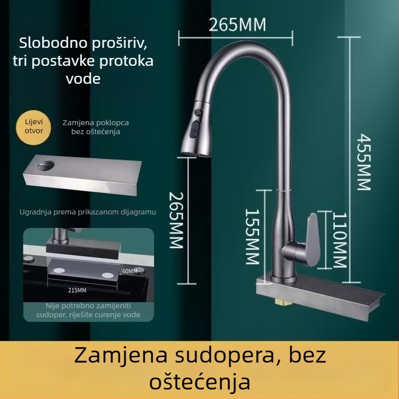 Izvlačna kuhinjska slavina za sudoper, nehrđajući čelik, model 5564, keramički disk ventil, vruća i hladna voda