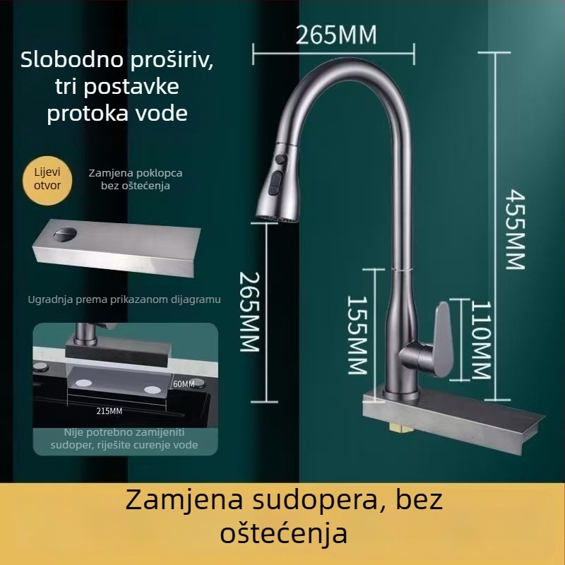 Izvlačna kuhinjska slavina za sudoper, nehrđajući čelik, model 5564, keramički disk ventil, vruća i hladna voda