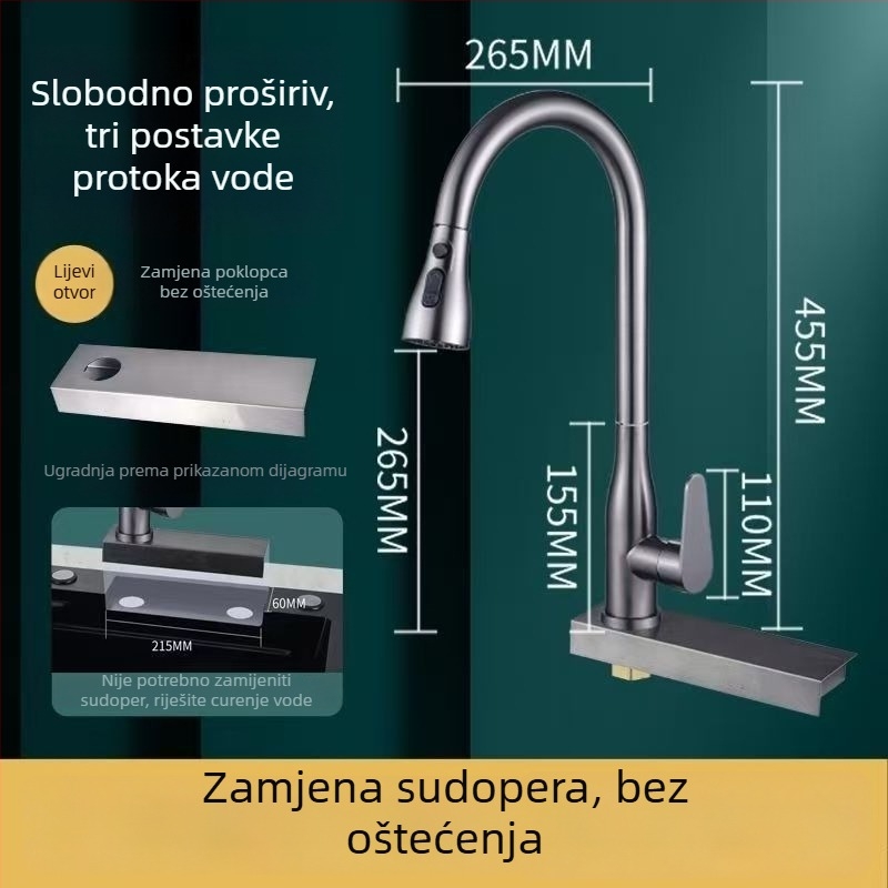 Izvlačna kuhinjska slavina za sudoper, nehrđajući čelik, model 5564, keramički disk ventil, vruća i hladna voda