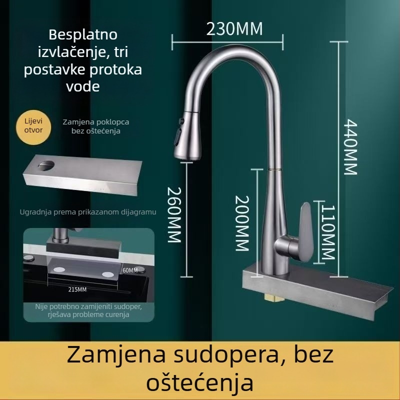 Izvlačna kuhinjska slavina za sudoper, nehrđajući čelik, model 5564, keramički disk ventil, vruća i hladna voda