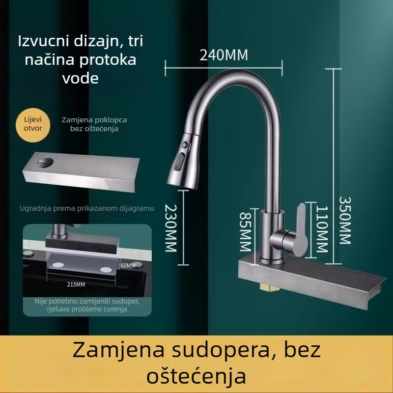 Izvlačna kuhinjska slavina za sudoper, nehrđajući čelik, model 5564, keramički disk ventil, vruća i hladna voda