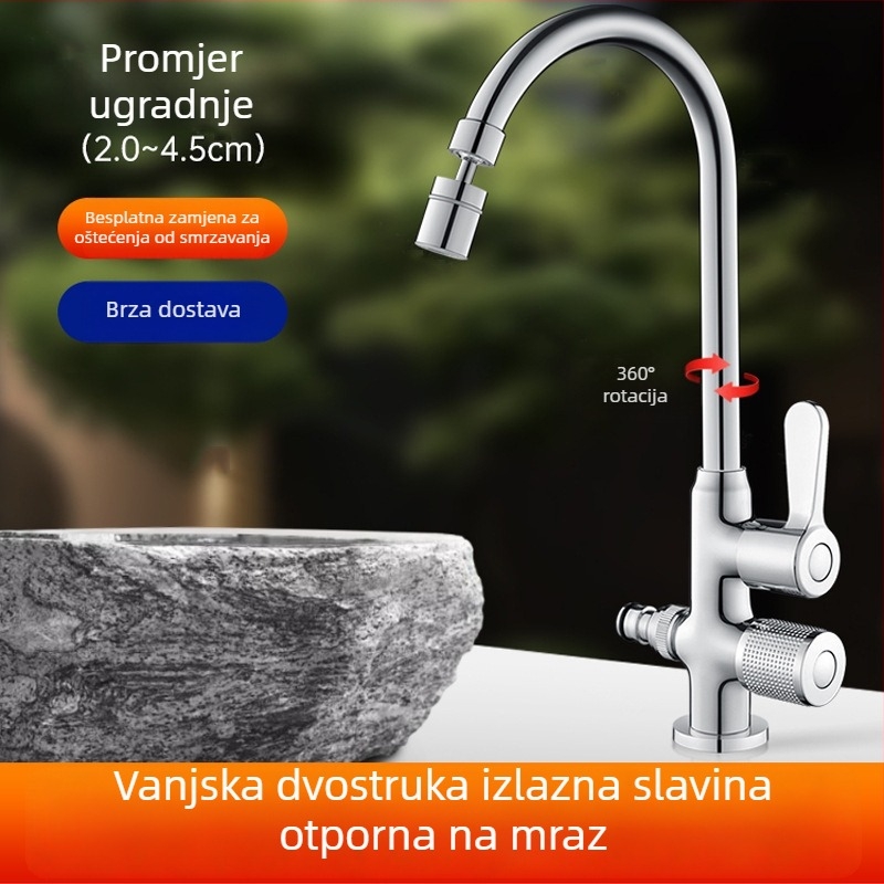 Vanjska bakrena slavina s zaštitom od smrzavanja, 1 ulaz 2 izlaza, za dvorište, vrt i balkon