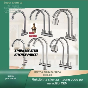 Kuhinjska slavina od 304 nehrđajućeg čelika, zidna montaža, dvostruki izlaz, 360° rotacija, samo hladna voda